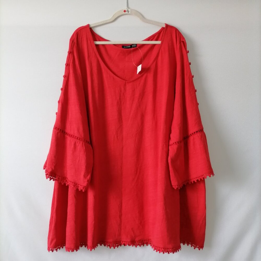 New Evans Women's Red V Neck Shoulder Button Bell Sleeve Blouse Top Size 30-32
